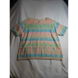 Koret Francisca Pastel Striped Floral Embroidered Knit Sweater XL Short Sleeve